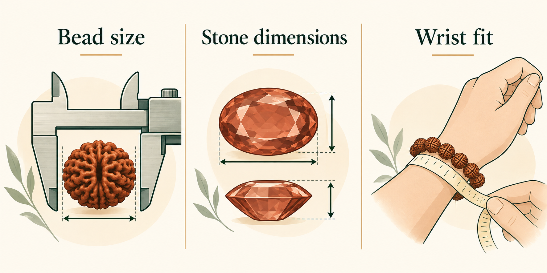 Illustration of bead measurement, gemstone dimensions and wrist fit