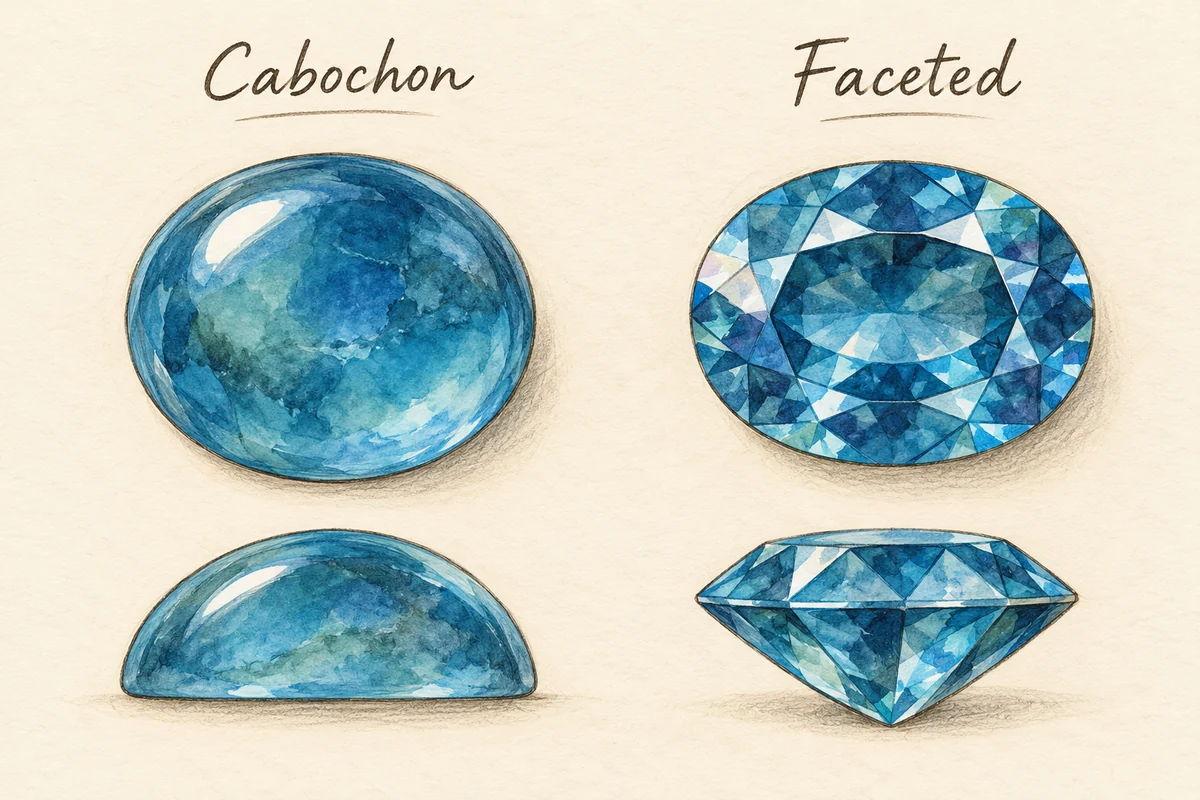 A faceted gemstone and a smooth cabochon, showing two different cutting styles
