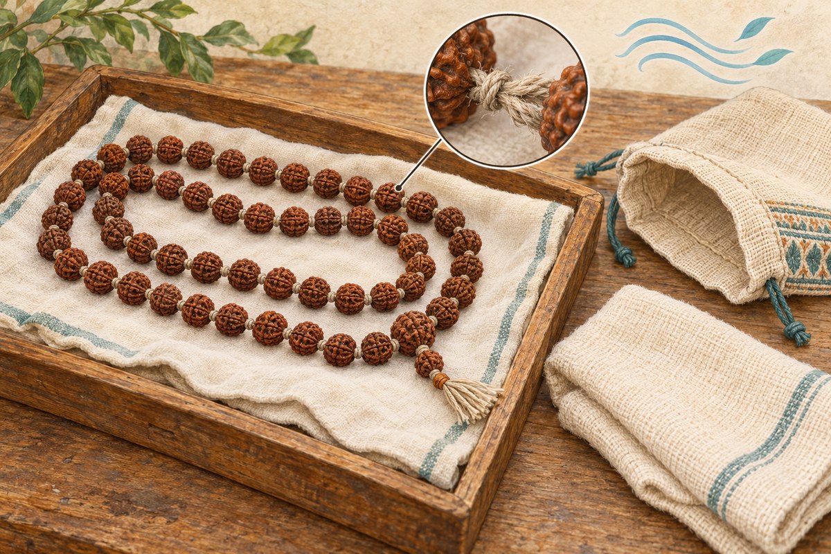 Illustrated mala supported on a cloth-lined tray, with an inset of worn cord and a separate storage pouch.