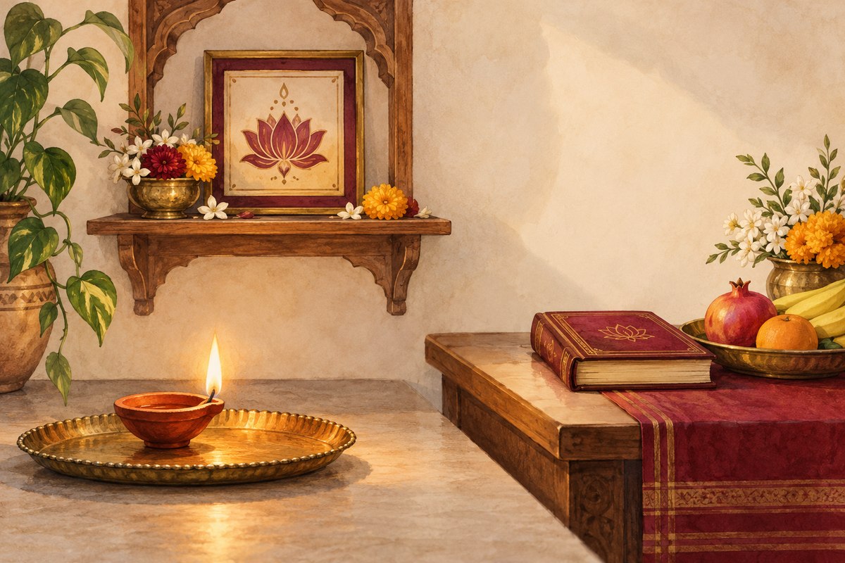 Illustrative home arrangement separates a lamp on a tray from a book, flowers and fruit.