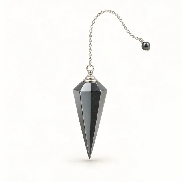 hematite dowsing pendulum with head, cap and chain