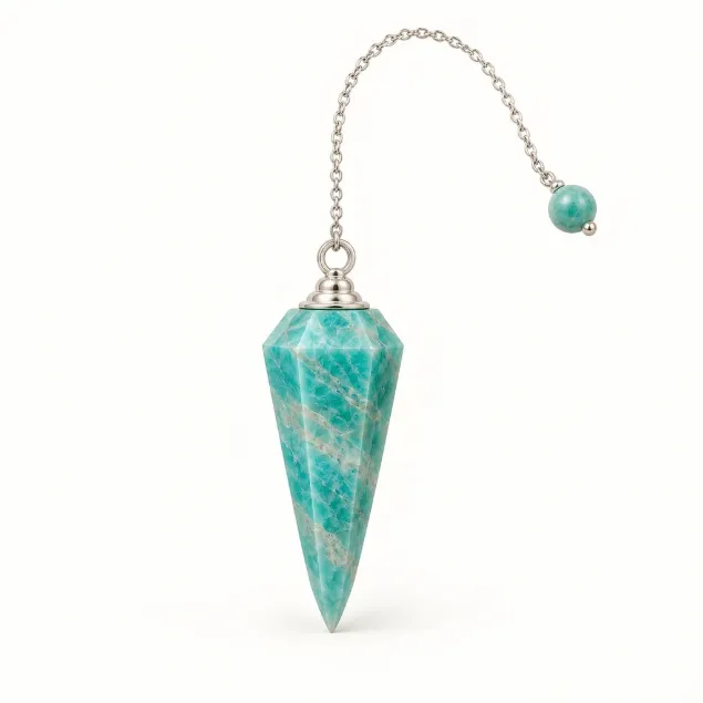 amazonite dowsing pendulum with head, cap and chain; not the photographed sale item