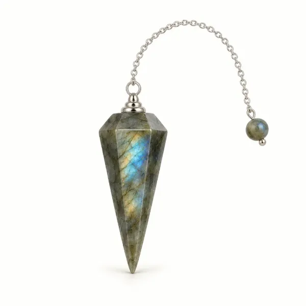 labradorite dowsing pendulum with head, cap and chain