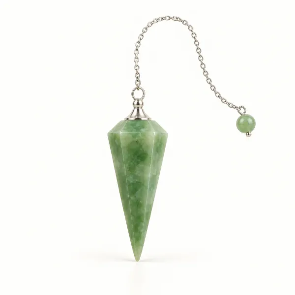 green jade dowsing pendulum with head, cap and chain
