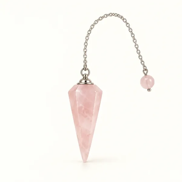 rose quartz dowsing pendulum with head, cap and chain