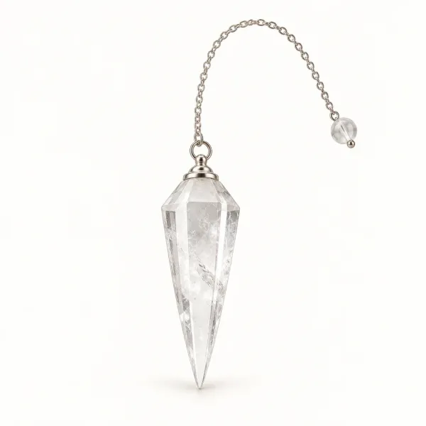 clear quartz (sphatik) dowsing pendulum with head, cap and chain