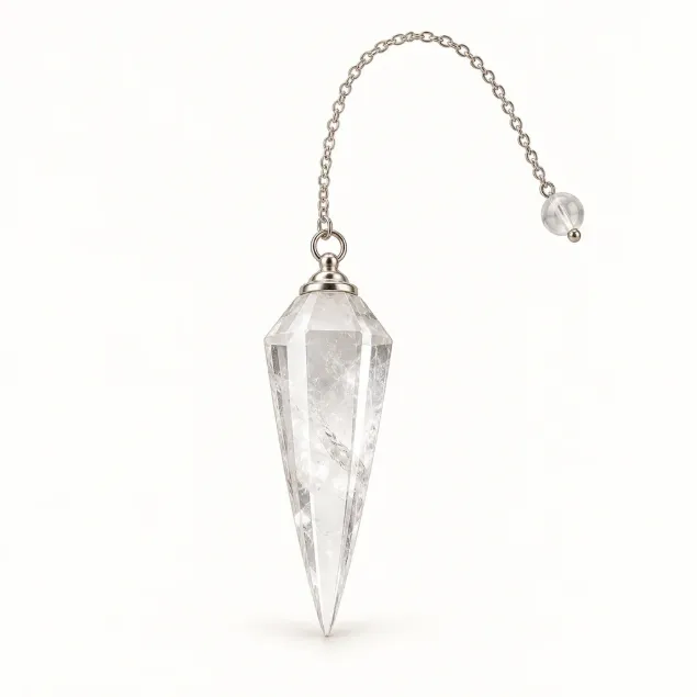 clear quartz (sphatik) dowsing pendulum with head, cap and chain