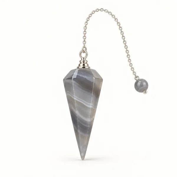 grey agate dowsing pendulum with head, cap and chain