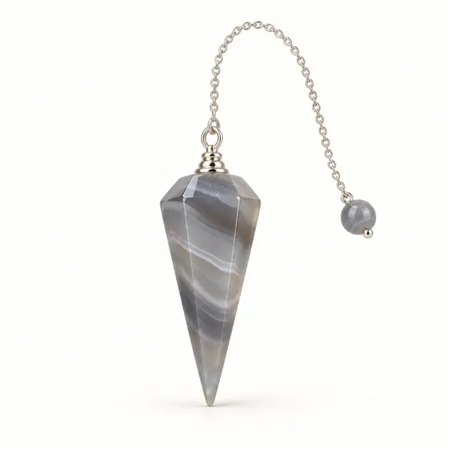 grey agate dowsing pendulum with head, cap and chain