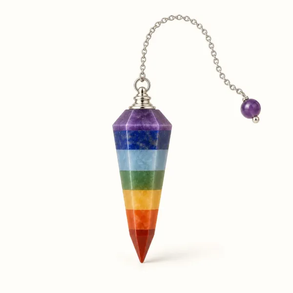 seven chakra dowsing pendulum with head, cap and chain
