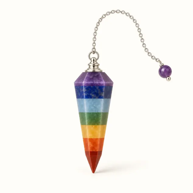 seven chakra dowsing pendulum with head, cap and chain