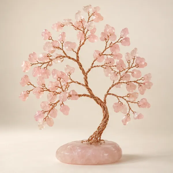 Rose Quartz Gemstone Tree, full view including its base