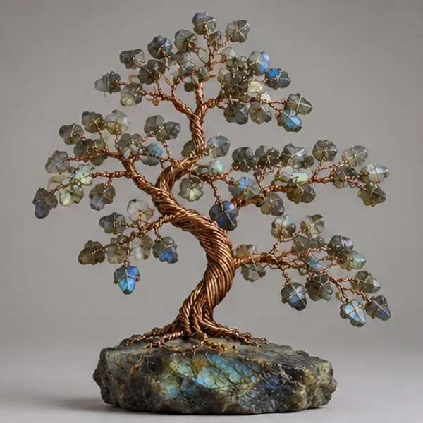 Labradorite Gemstone Tree, full view including its base