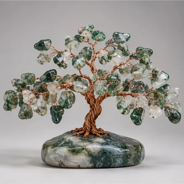Moss Agate Gemstone Tree, full view including its base
