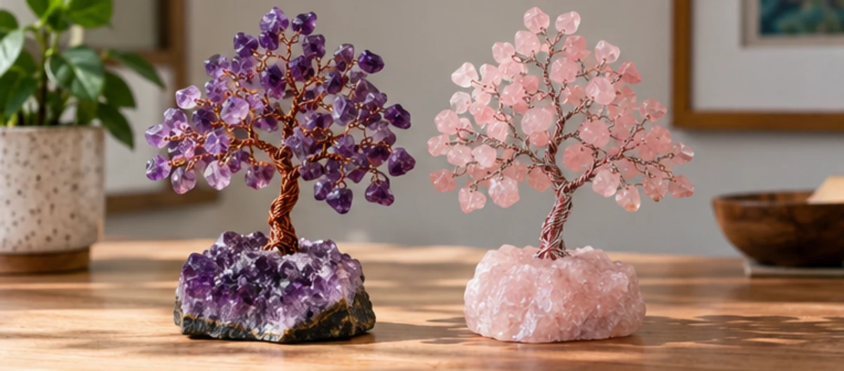Amethyst and rose quartz tree designs in a home setting