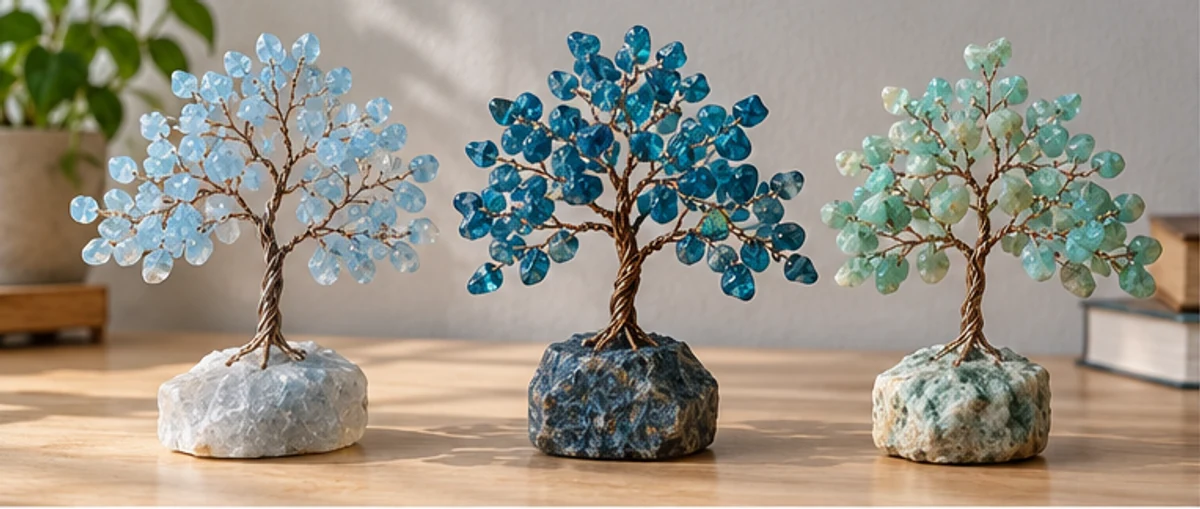 Pale blue, teal and blue-green gemstone tree designs