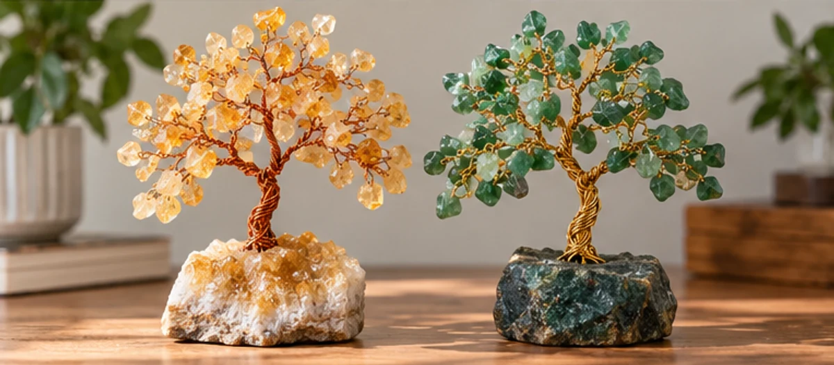 Yellow citrine and green aventurine tree designs side by side