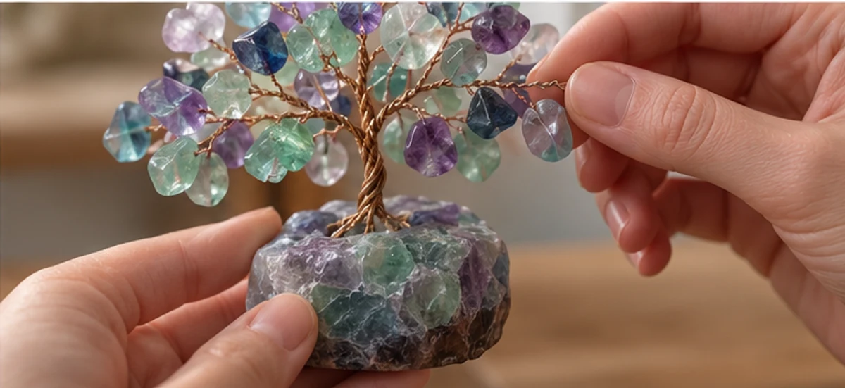Hands supporting a fluorite tree base and an individual branch