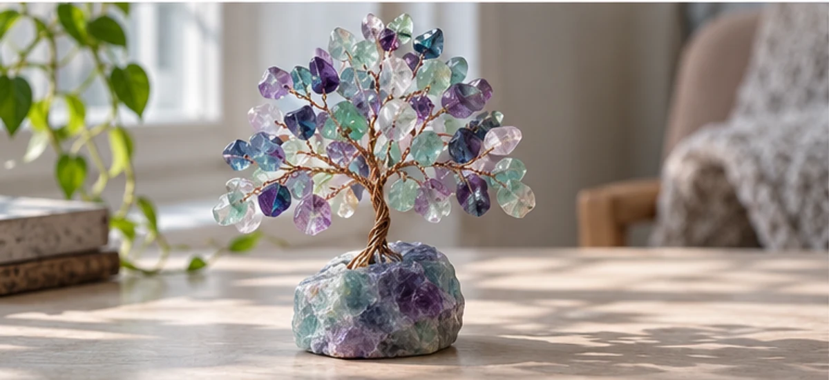 A softly coloured fluorite tree design in indirect light