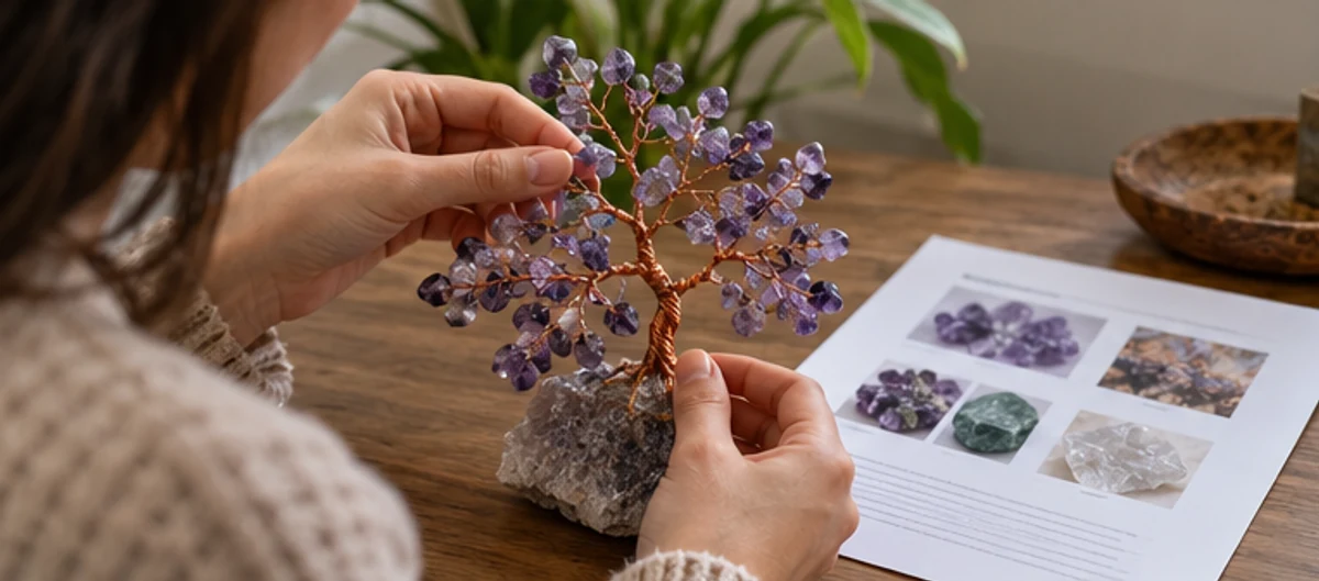 A person examining a gemstone tree beside a generic information sheet