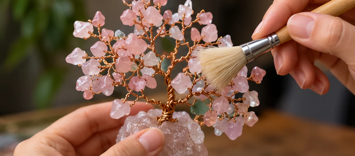 A hand supporting the base while a brush cleans the branch chips