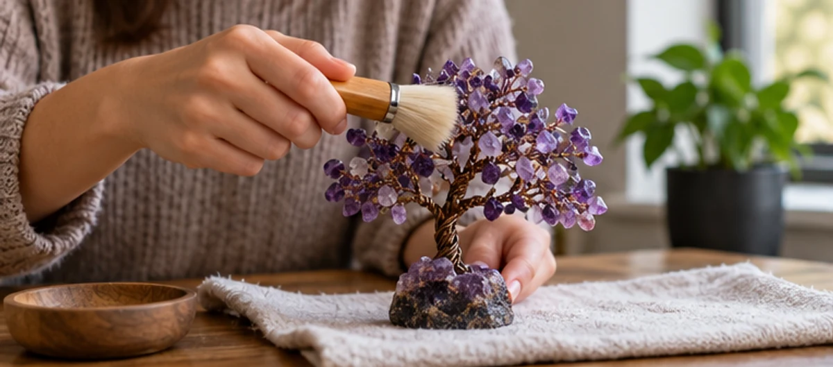 A person dusting a gemstone tree with a soft dry brush
