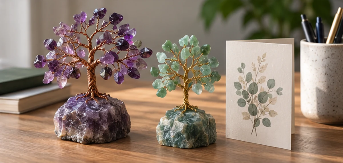 Two gemstone tree designs beside a gift card