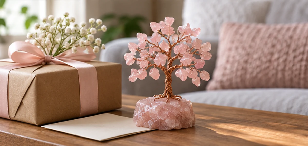 A pink gemstone tree beside simple gift wrapping
