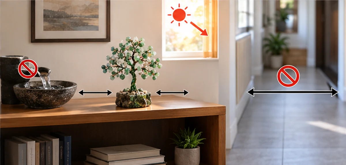 A shelf display showing clearance from water, direct sun and walkways