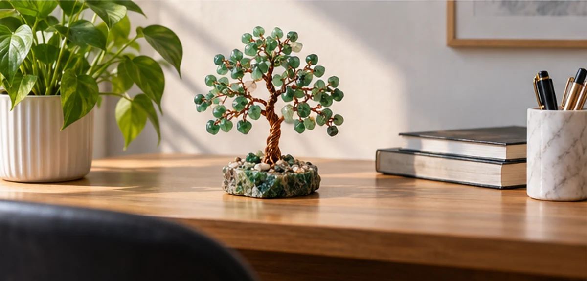 A green gemstone tree on an uncluttered office desk