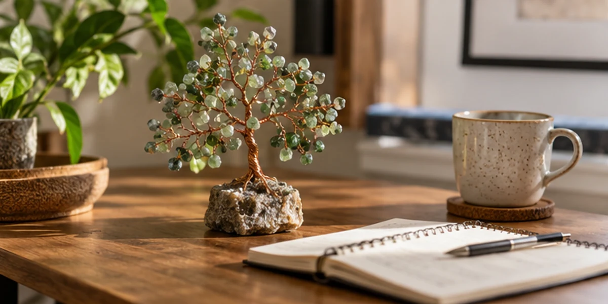 A green gemstone tree beside a notebook in a lived-in room