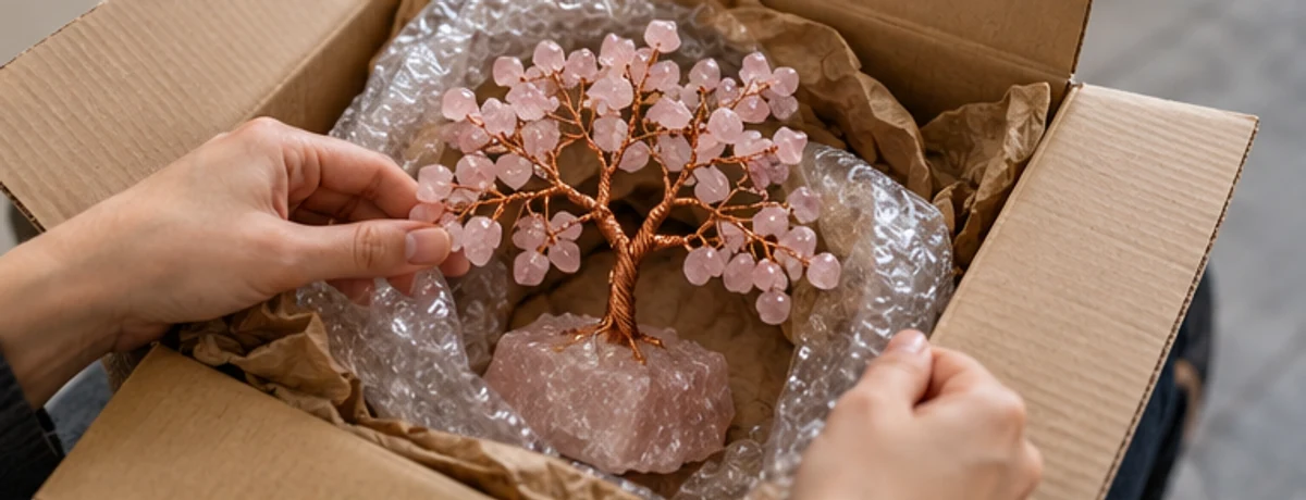 Hands unboxing a pink gemstone tree with protective packaging