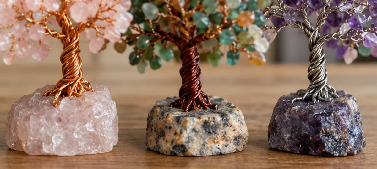 Gemstone tree trunks and bases with different wire finishes