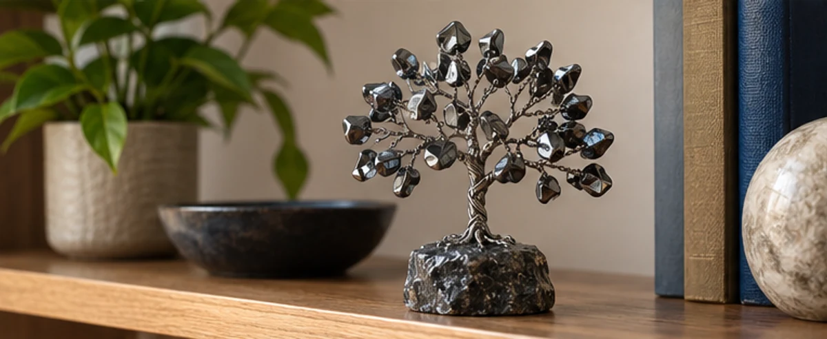 A compact dark metallic tree design on a shelf