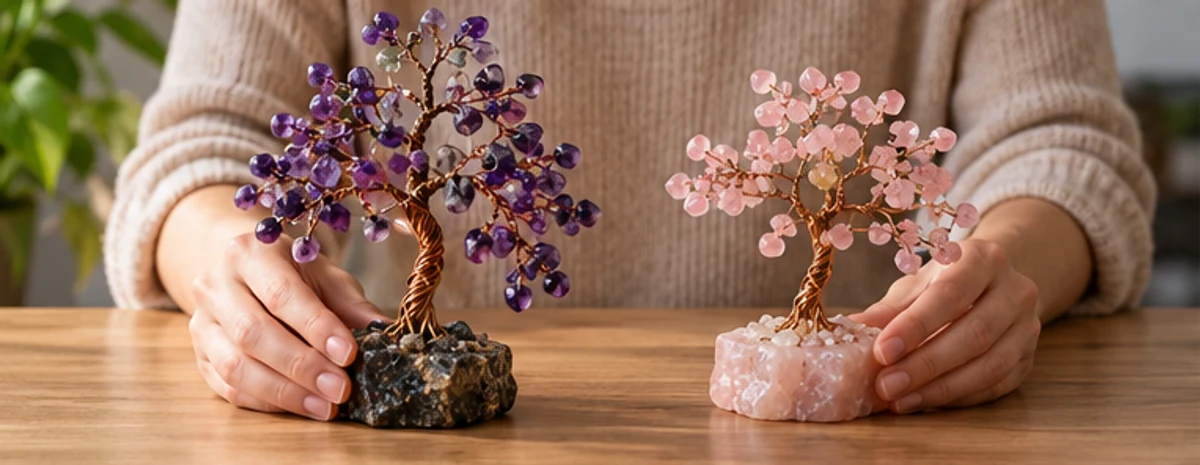 Hands comparing two gemstone tree designs on a tabletop