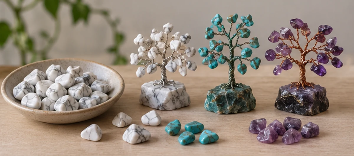 Pale and coloured chip examples beside different tree designs