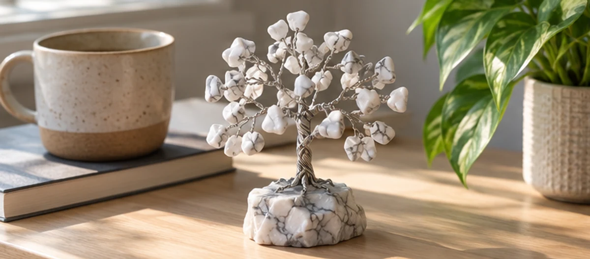 A white-and-grey howlite tree design on a desk