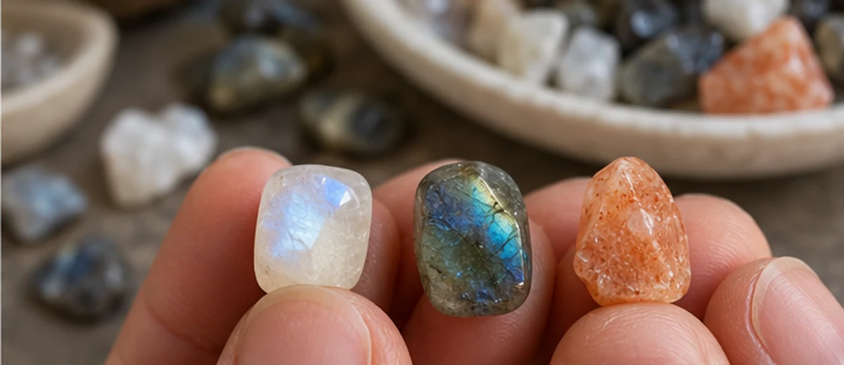 Three feldspar-style chips viewed under the same light