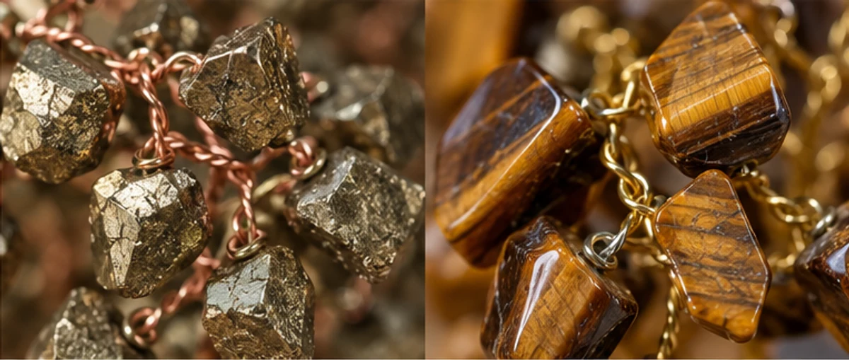 Brassy chips beside striped brown-gold chips