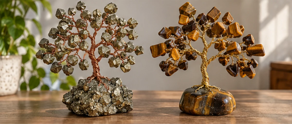 Pyrite and tiger eye tree designs in a neutral room