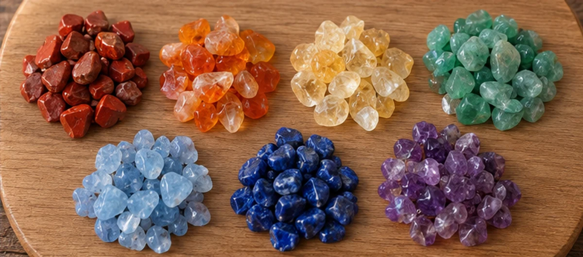 Seven chip-colour groups on a wooden surface
