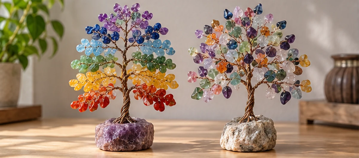 A seven-colour grouped tree beside a freely mixed tree