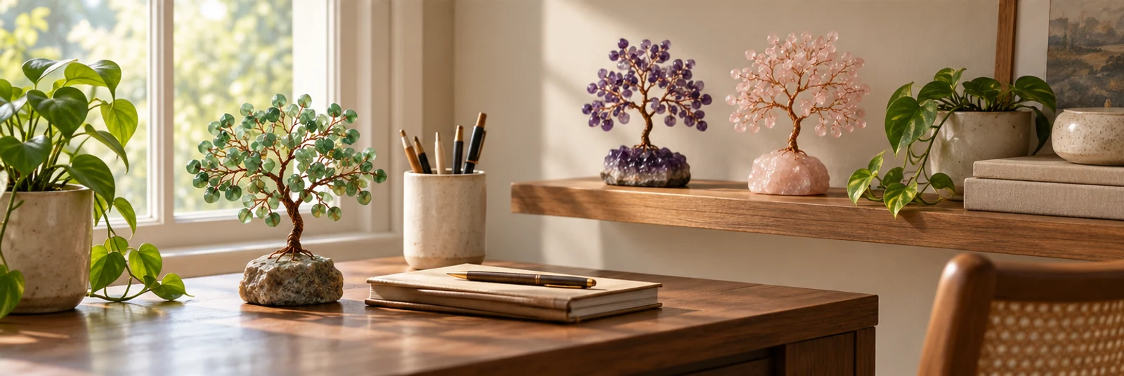 Gemstone trees arranged in a realistic home office