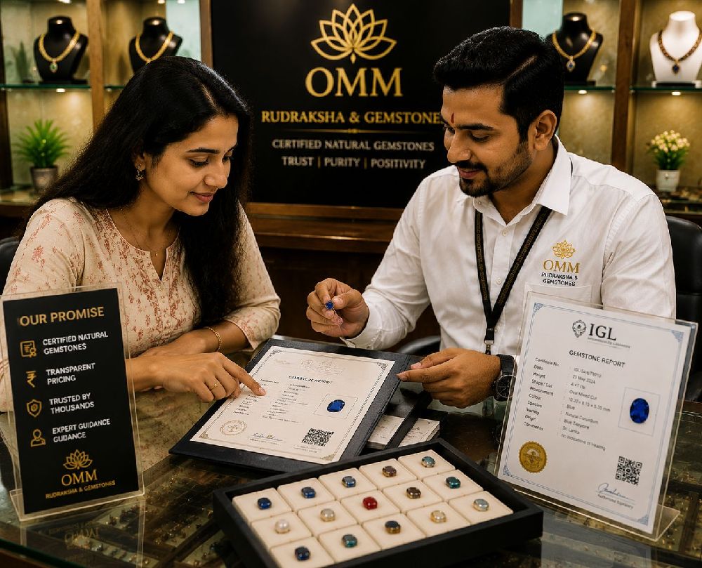 Customer checking certified gemstones in Bangalore