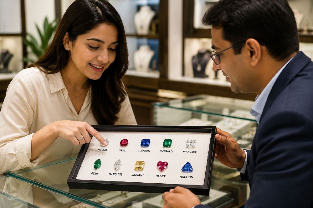 Customer selecting gemstone shapes and cuts in Bangalore
