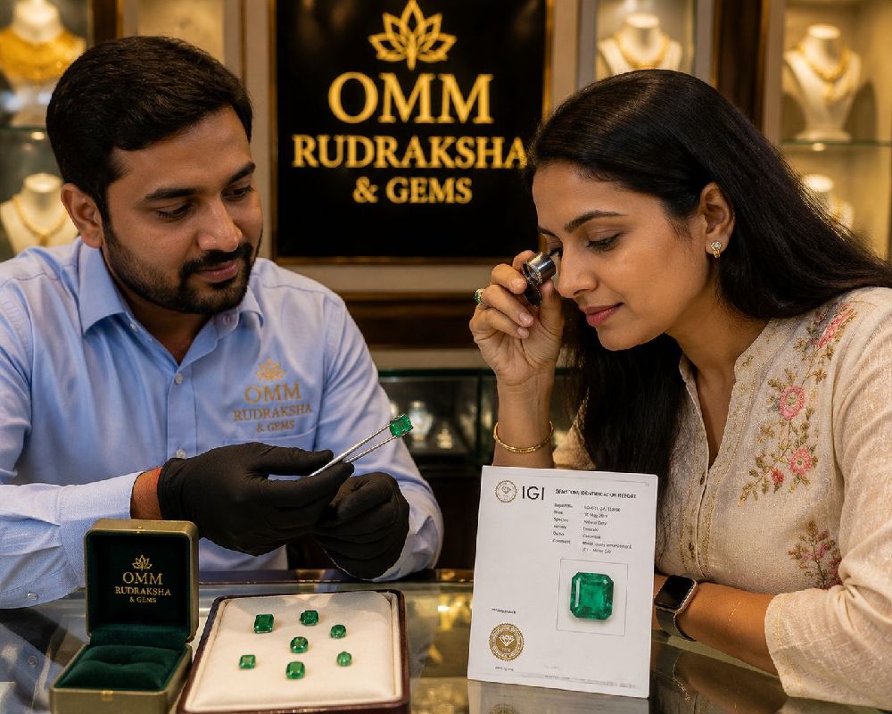 Customer inspecting Emerald gemstone at store