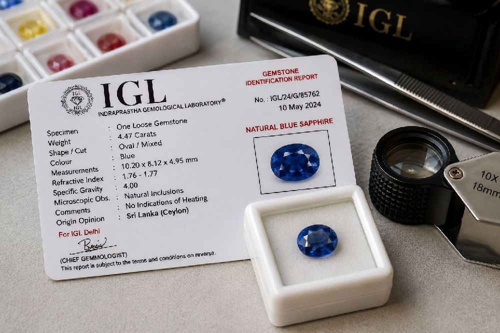 Gemstone certification closeup and verified report