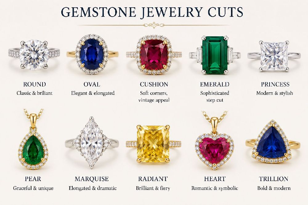 Gemstone jewelry showing different cuts and shapes