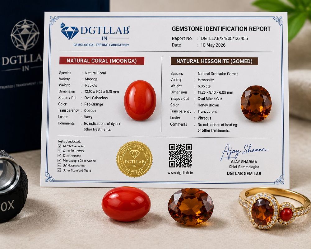 Coral and Hessonite gemstone with lab certificate