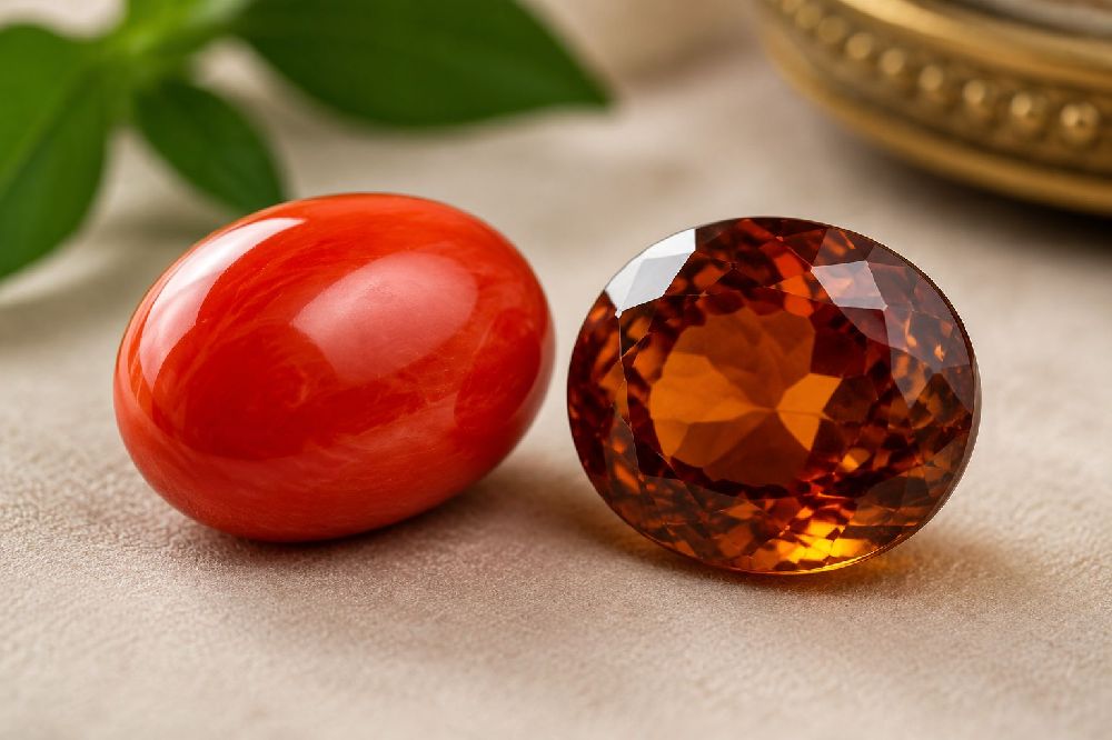 Close-up of Coral and Hessonite gemstones